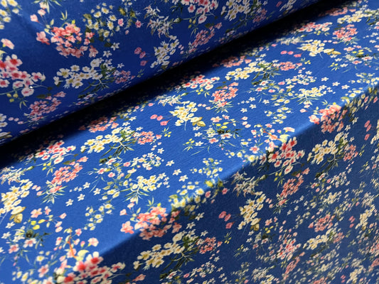 Soft handle stretch spandex single jersey fabric, per metre - Ditsy flower print - blue pink & white