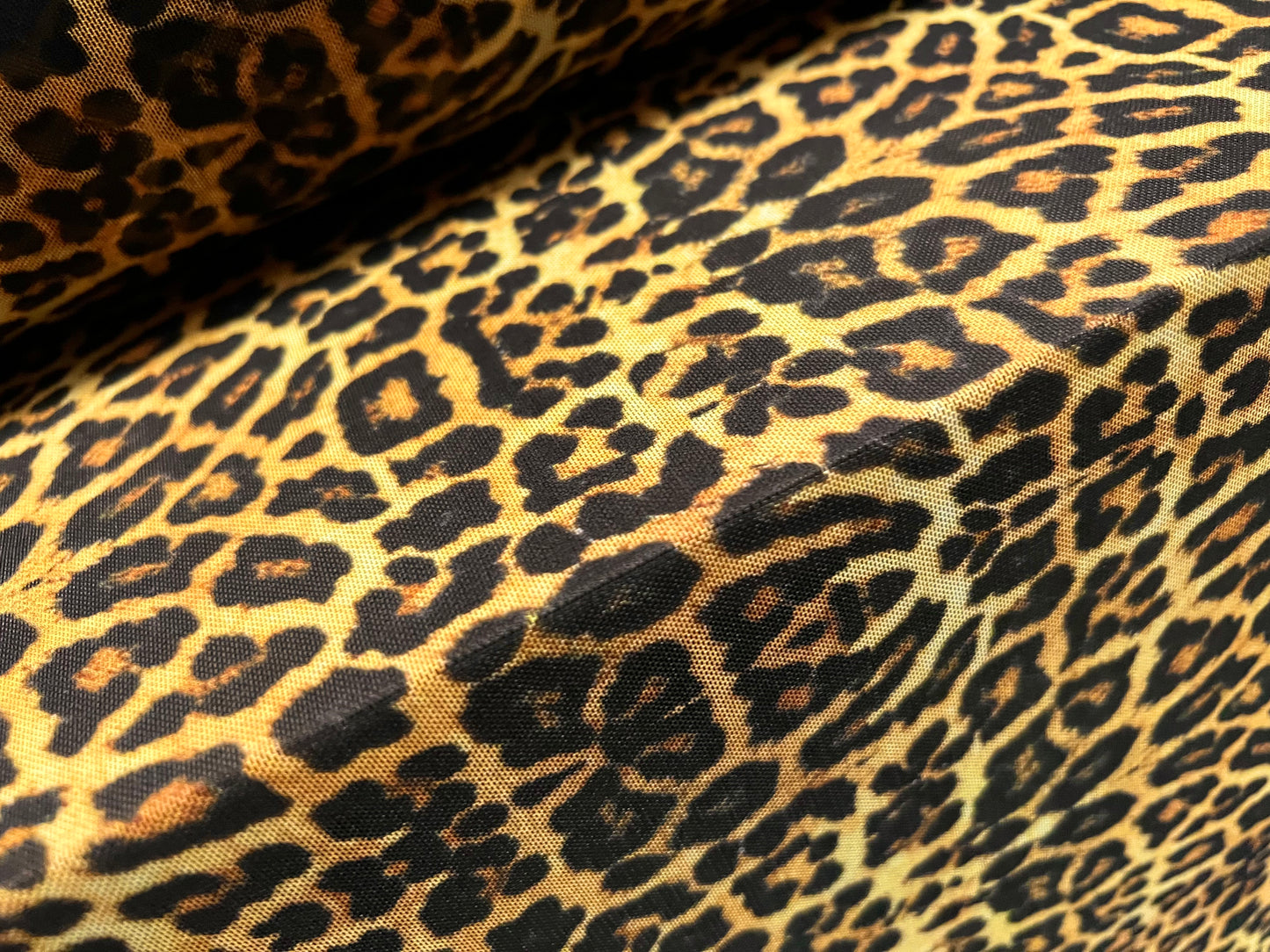 Power mesh net stretch spandex fabric, per metre - leopardskin animal print - gold & black