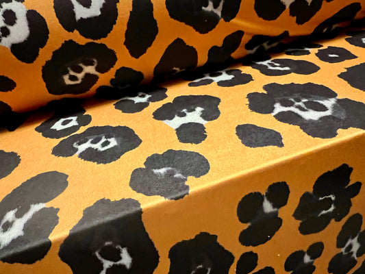 Soft touch stretch spandex single jersey fabric, per metre - jaguar animal print - amber