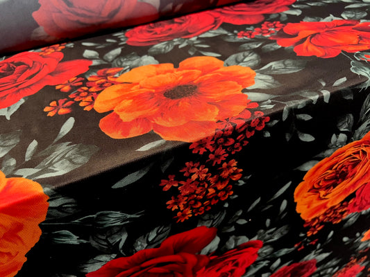 Power mesh net stretch spandex fabric, per metre - rose flowers print - black red & orange