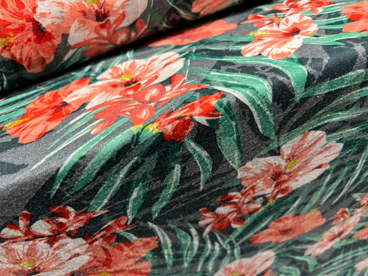 Lady K lightweight burnout single jersey fabric, per metre - jungle flower print - green & orange