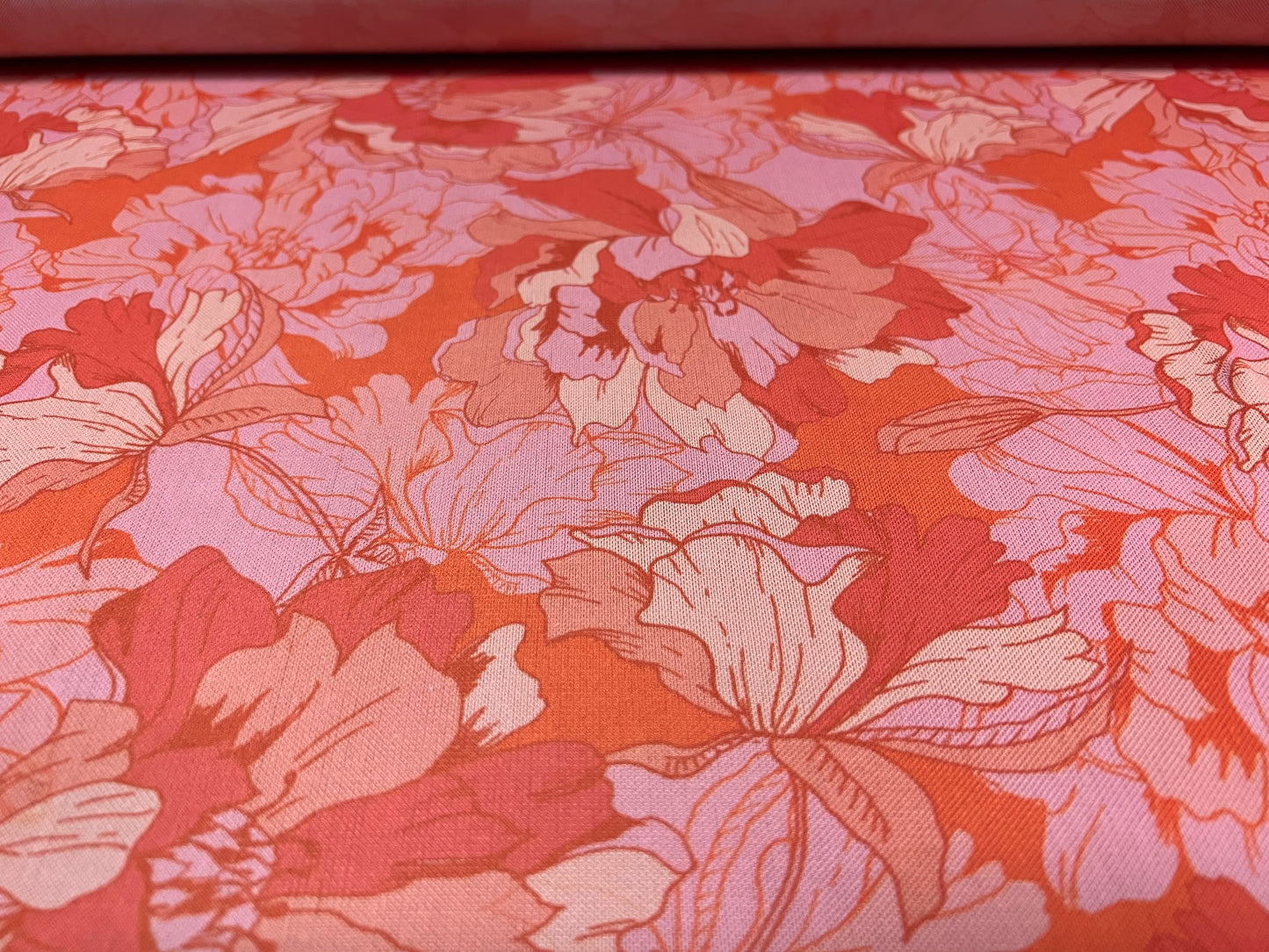 Power mesh net stretch spandex fabric, per metre - flower print - pink & coral