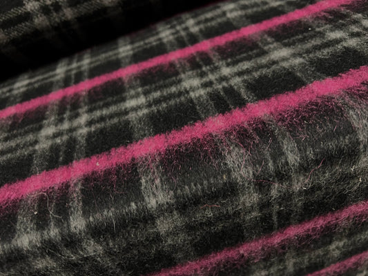 Wool blend short pile faux fur fabric, per metre - plaid check - black & magenta