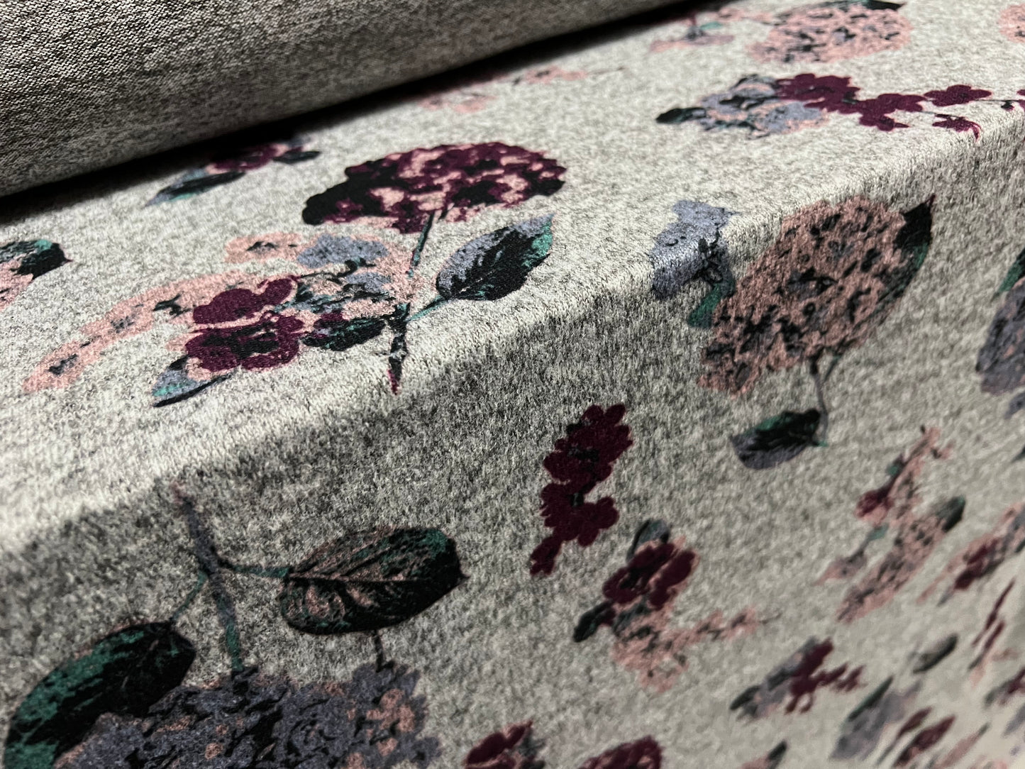 Super soft knitwear jersey fabric, per metre - flower print - grey marl & damson