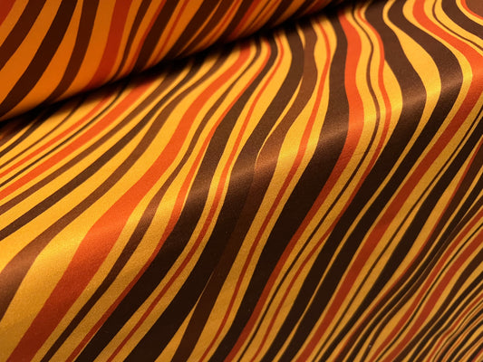 Scuba neoprene style double jersey stretch spandex fabric, per metre - wave print - amber orange & brown