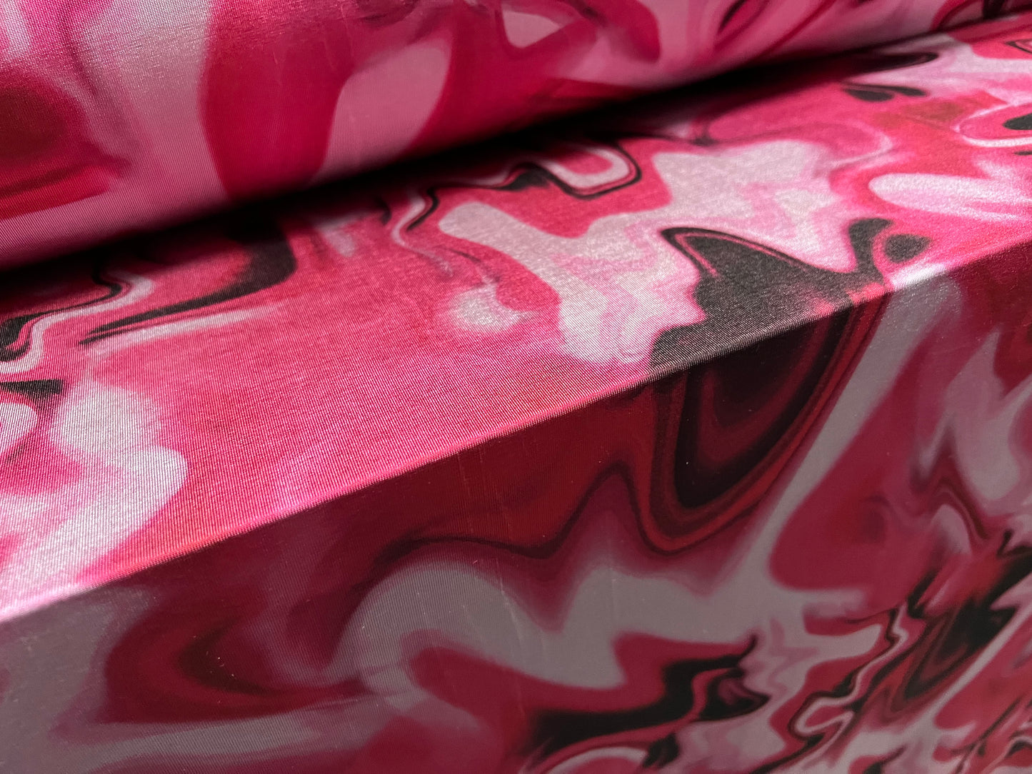 Disco shimmer spandex stretch jersey fabric, per metre - swirl print - cerise pink & grey