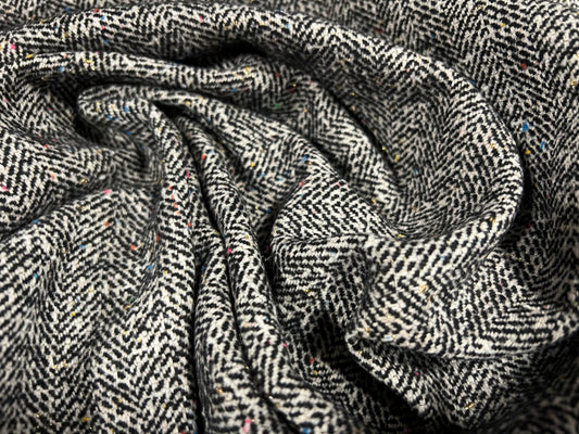 Wool blend coat jacket fabric, per metre - grey chevron jacquard with gold lurex sparkle and multicolour flecks