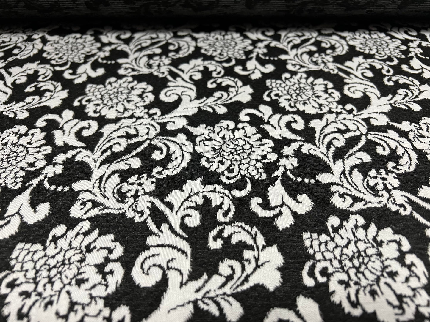 Double jersey spandex knitwear dress fabric, per metre - floral damask jacquard - black and white