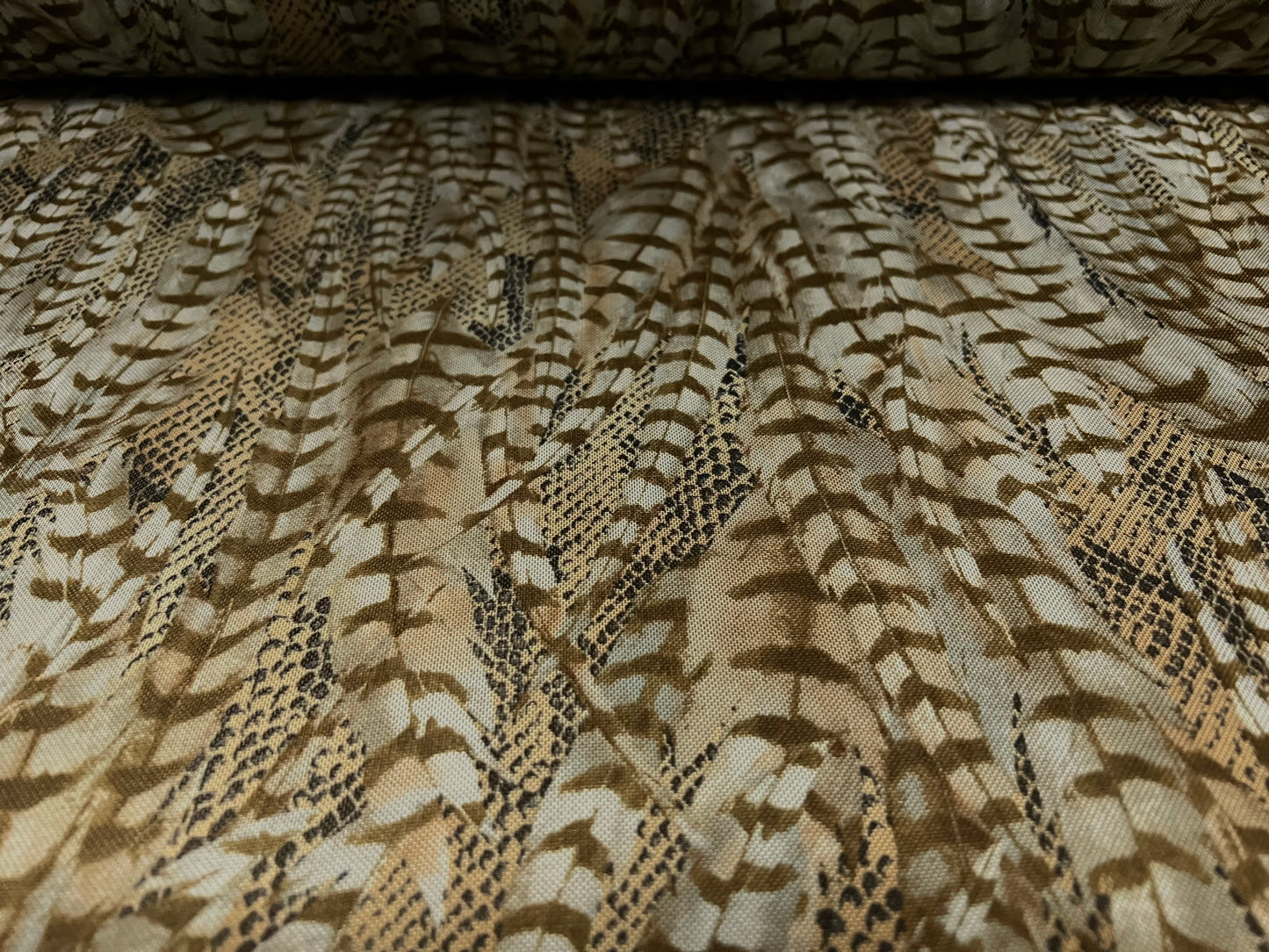 Power mesh net stretch spandex fabric, per metre - feathers & crocodile fusion print - khaki & aqua