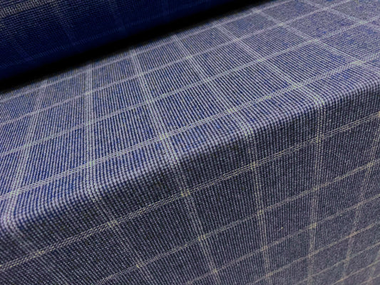 Wool blend tweed woven suit jacket fabric, per metre - matrix check jacquard - blue