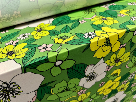 Soft touch stretch spandex jersey fabric, per metre - flower print - Kermit green