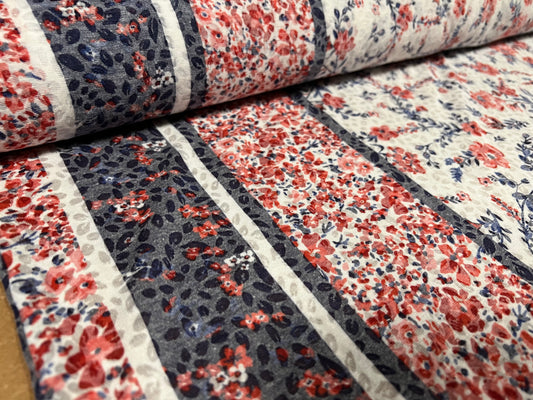 Lady K lightweight burnout single jersey fabric, per metre - floral double border print - red white & navy