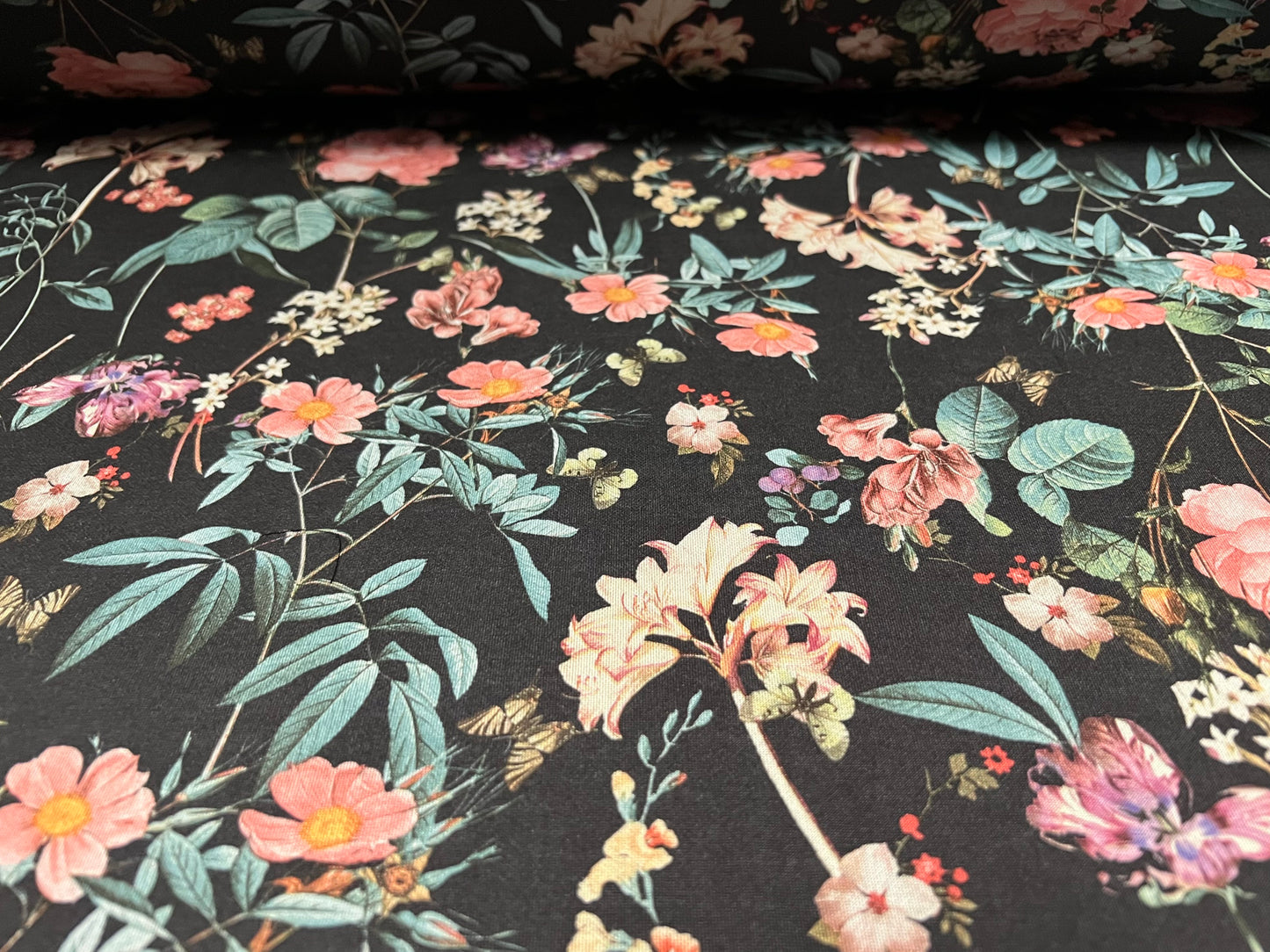 Scuba stretch spandex double jersey fabric, per metre - floral print - charcoal grey