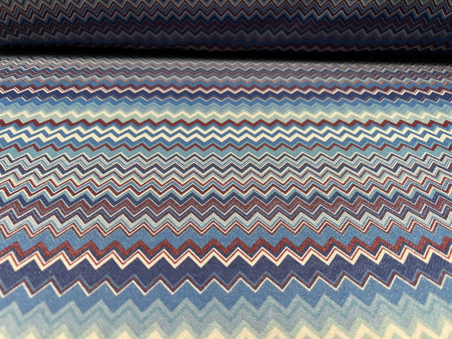 Valentino spandex stretch crepe jersey fabric - similar to scuba - per metre - chevron zig zag print - blue grey