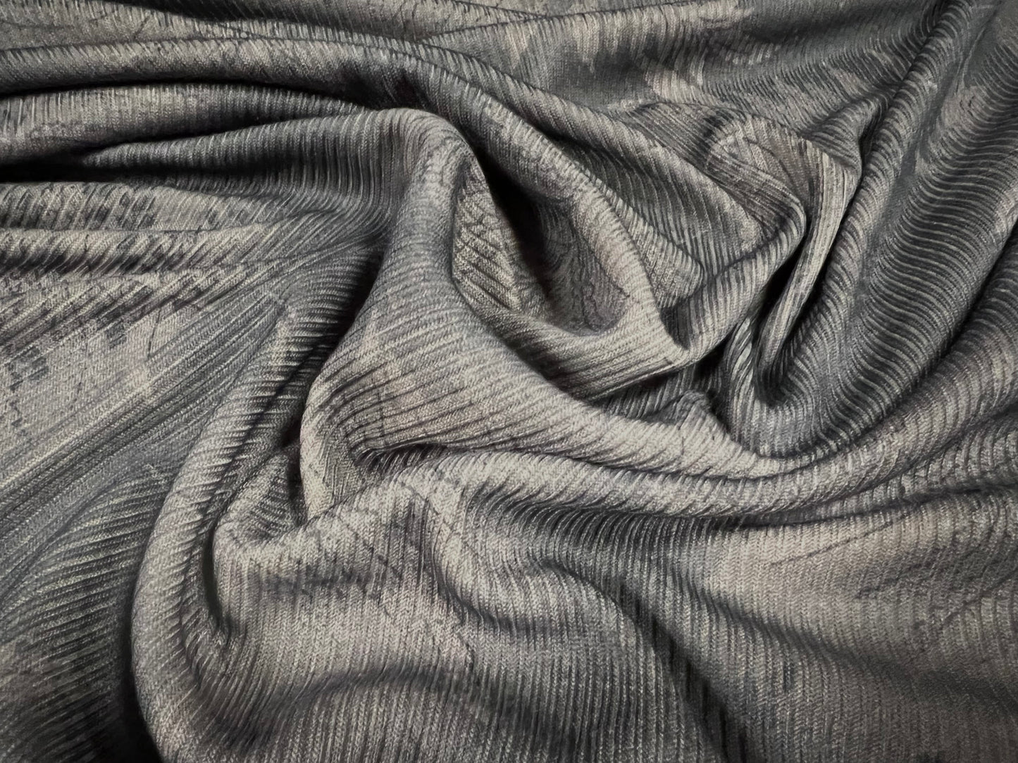 Soft handle ribbed jersey fabric, per metre - leaf print - grey