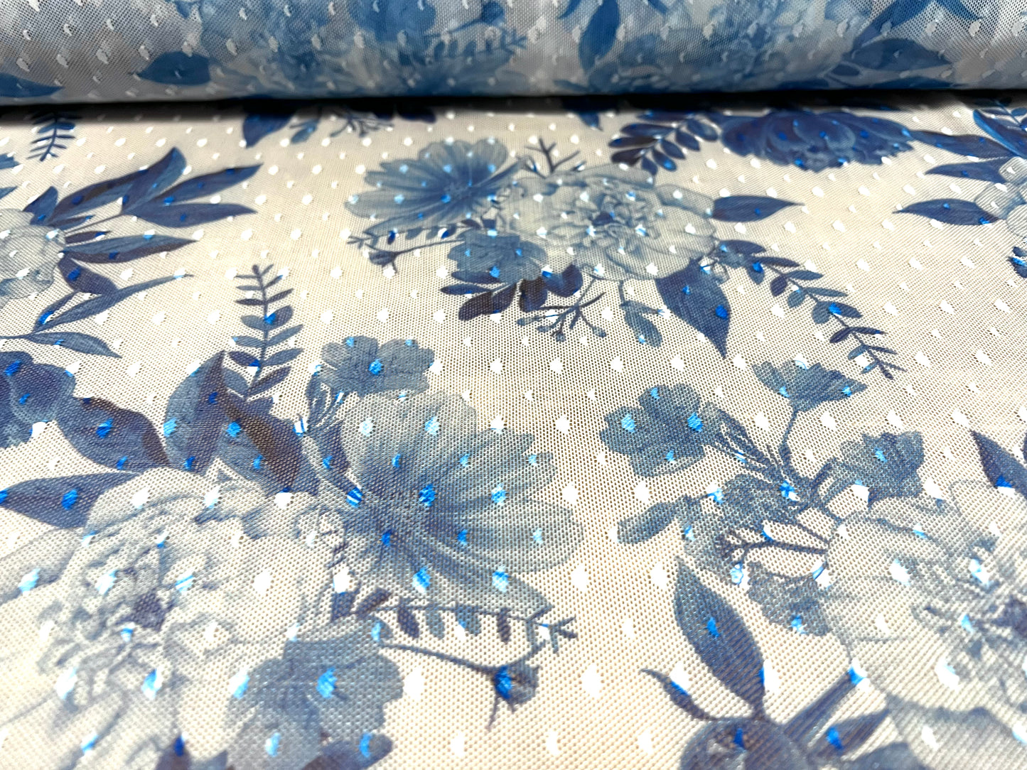 Power mesh net stretch spandex fabric, per metre - floral dobby - blue & white