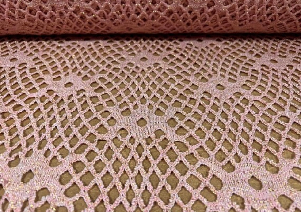 Metallic  crochet knitwear jersey fabric, per metre - pink with gold lurex