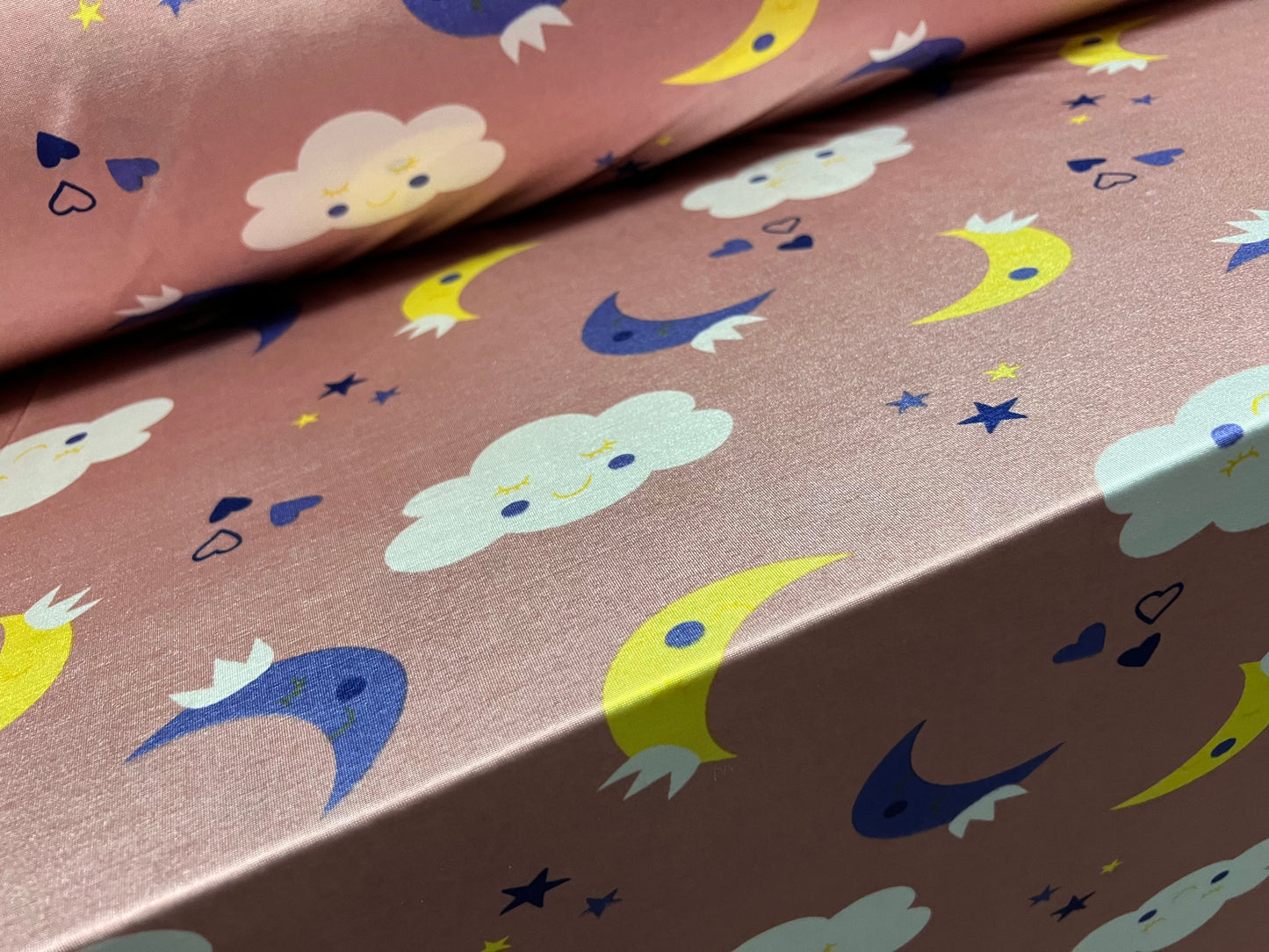 Disco shimmer stretch spandex single jersey fabric, per metre - children’s print - clouds moon and sun - dusky pink