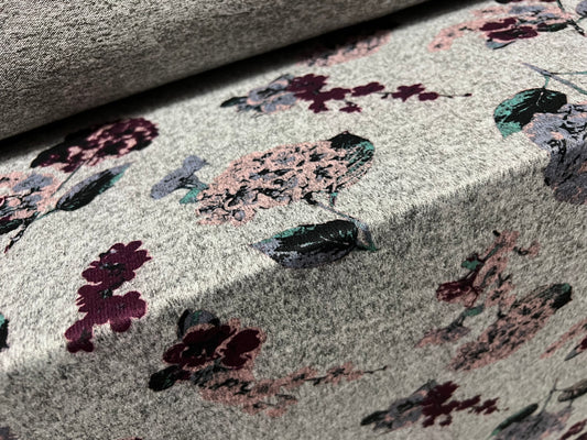 Super soft knitwear jersey fabric, per metre - flower print - grey marl, lavender and plum