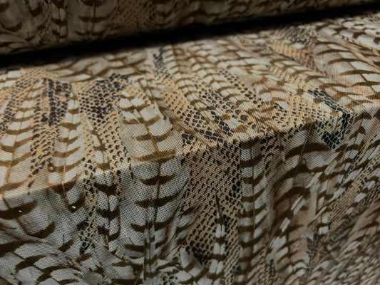 Power mesh net stretch spandex fabric, per metre - feathers & crocodile fusion print - khaki & aqua