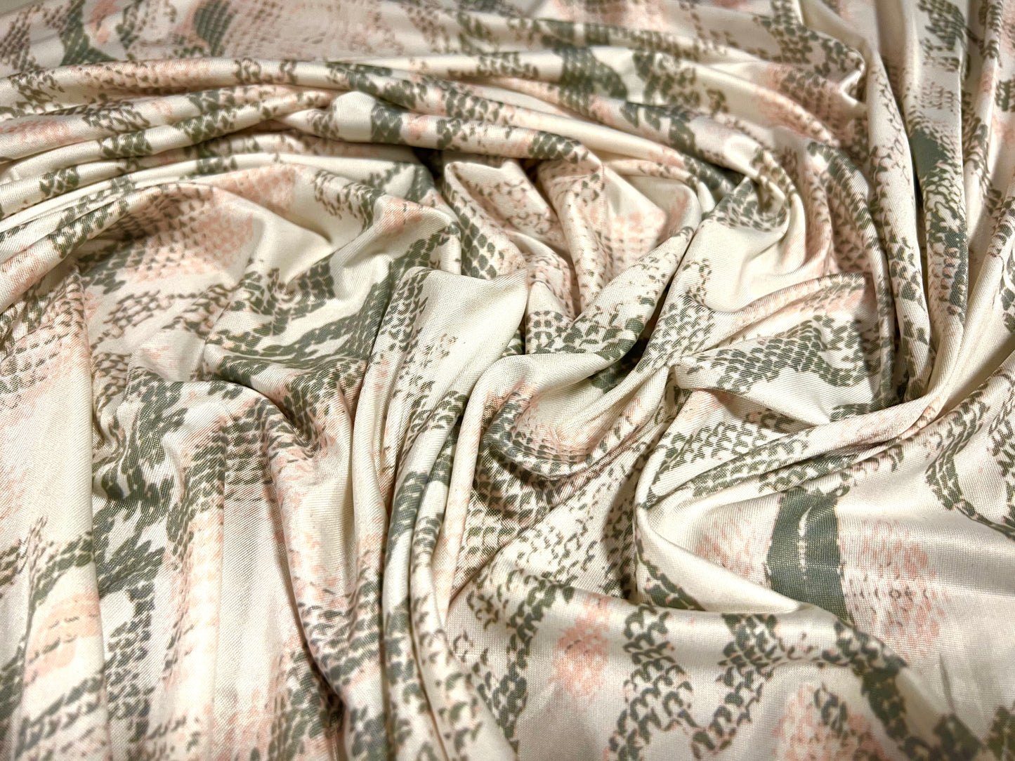 Soft touch stretch spandex jersey fabric, per metre - Snakeskin animal print - cream khaki & pink