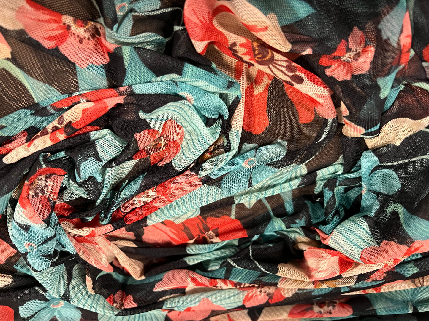 Power mesh net stretch spandex fabric, per metre - tropical flowers print - black jade & pink print