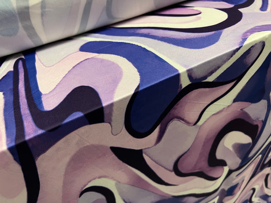 Soft touch stretch spandex single jersey fabric, per metre - swirl print - lilac & blue