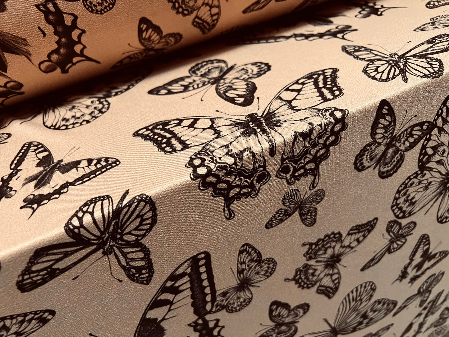 Stretch spandex crepe single jersey dress fabric, per metre - butterflies print - stone & black