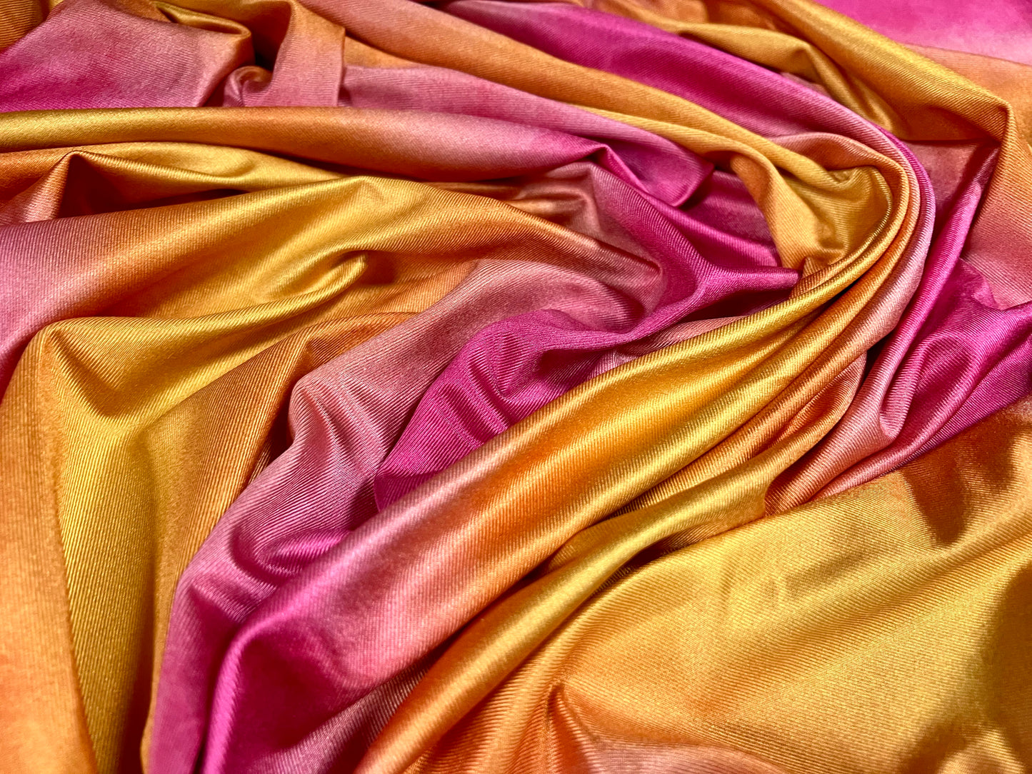 Swimwear super stretch spandex fabric, per metre - Ombré sunset print - pink & amber