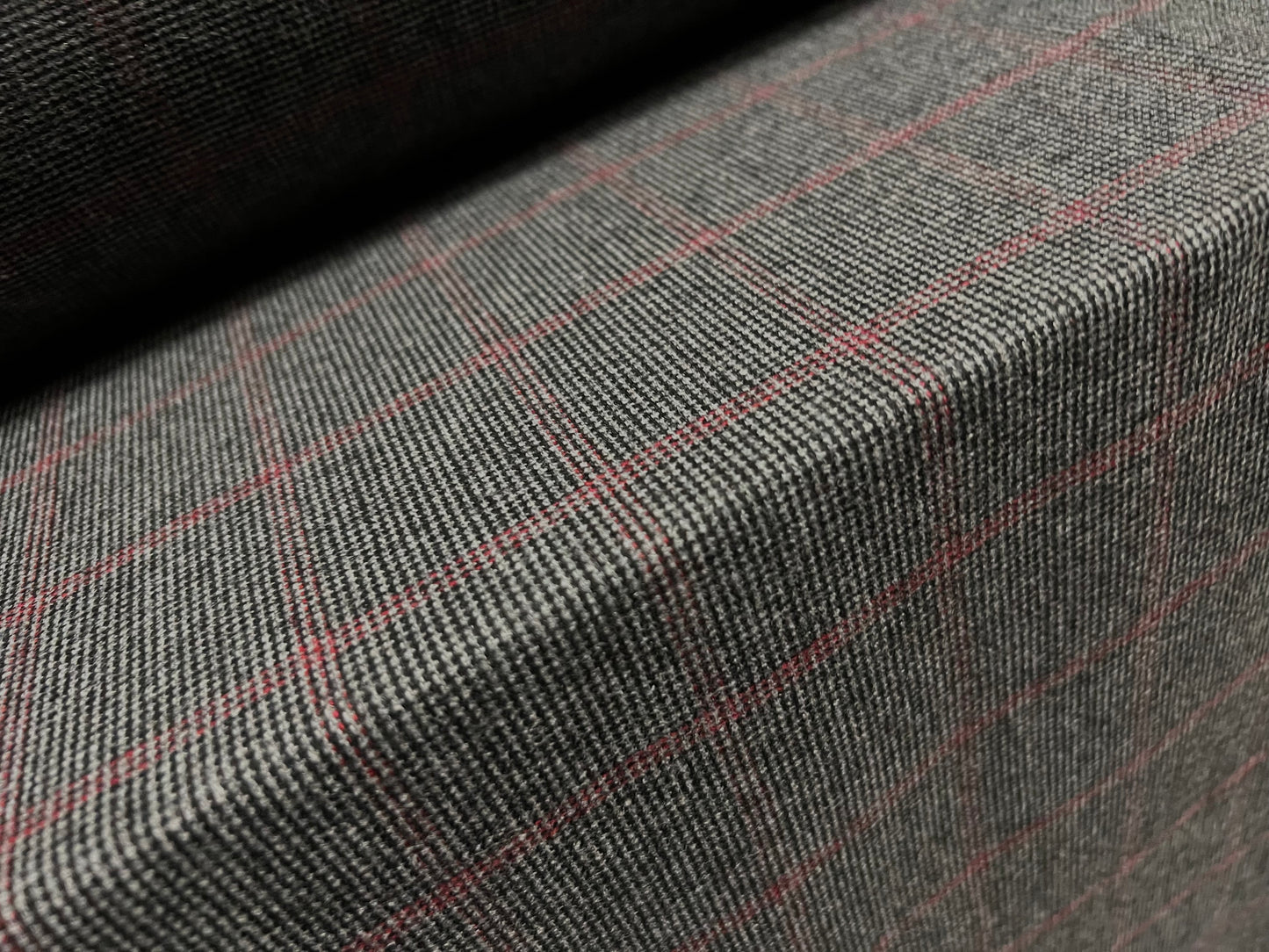Wool blend tweed woven suit jacket fabric, per metre - fine check - grey & red