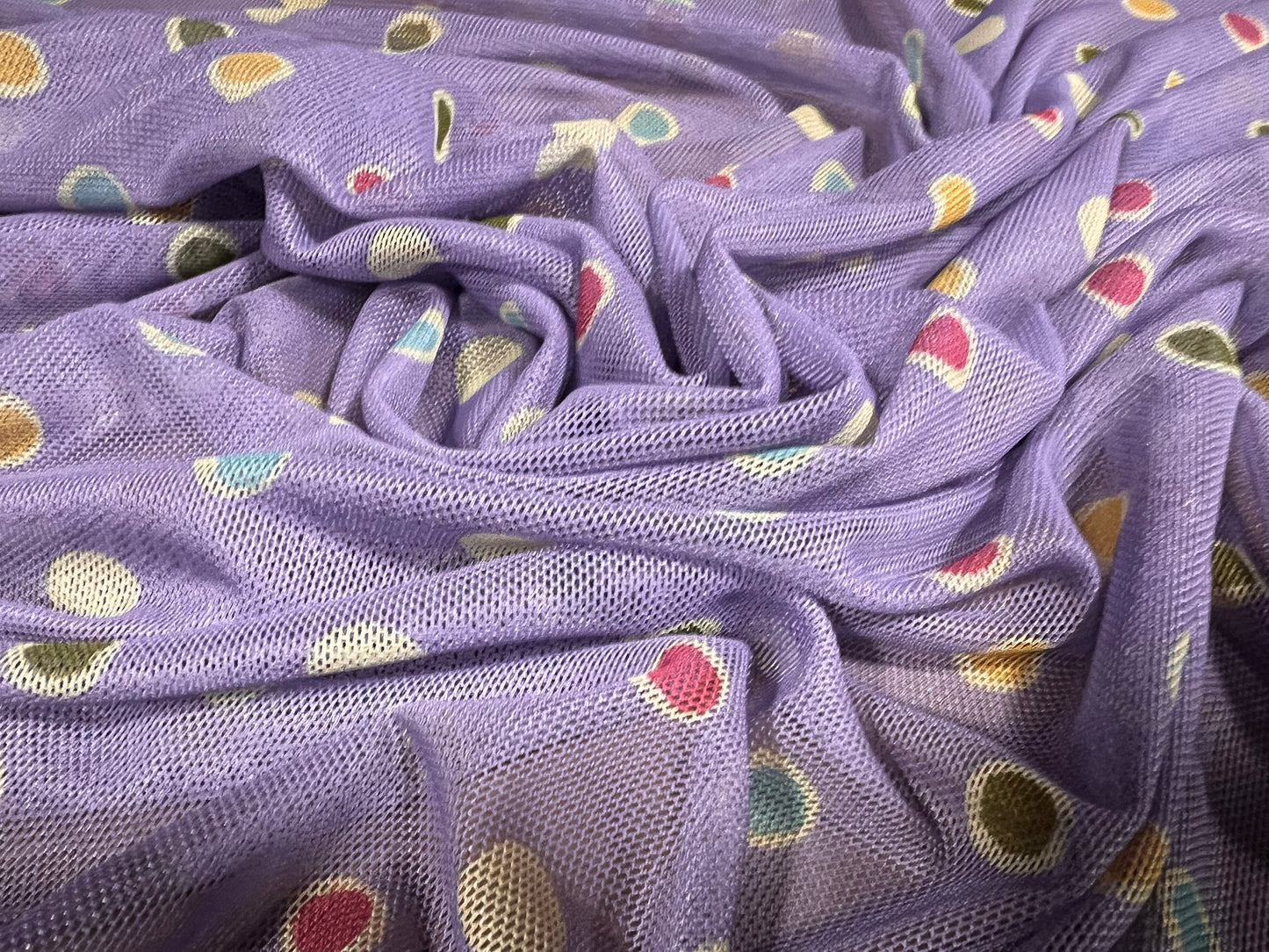 Power mesh net stretch spandex fabric, per metre - spots print - lavender