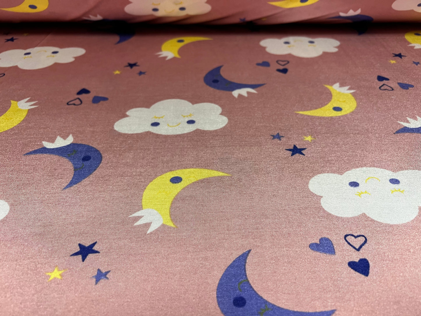 Disco shimmer stretch spandex single jersey fabric, per metre - children’s print - clouds moon and sun - dusky pink