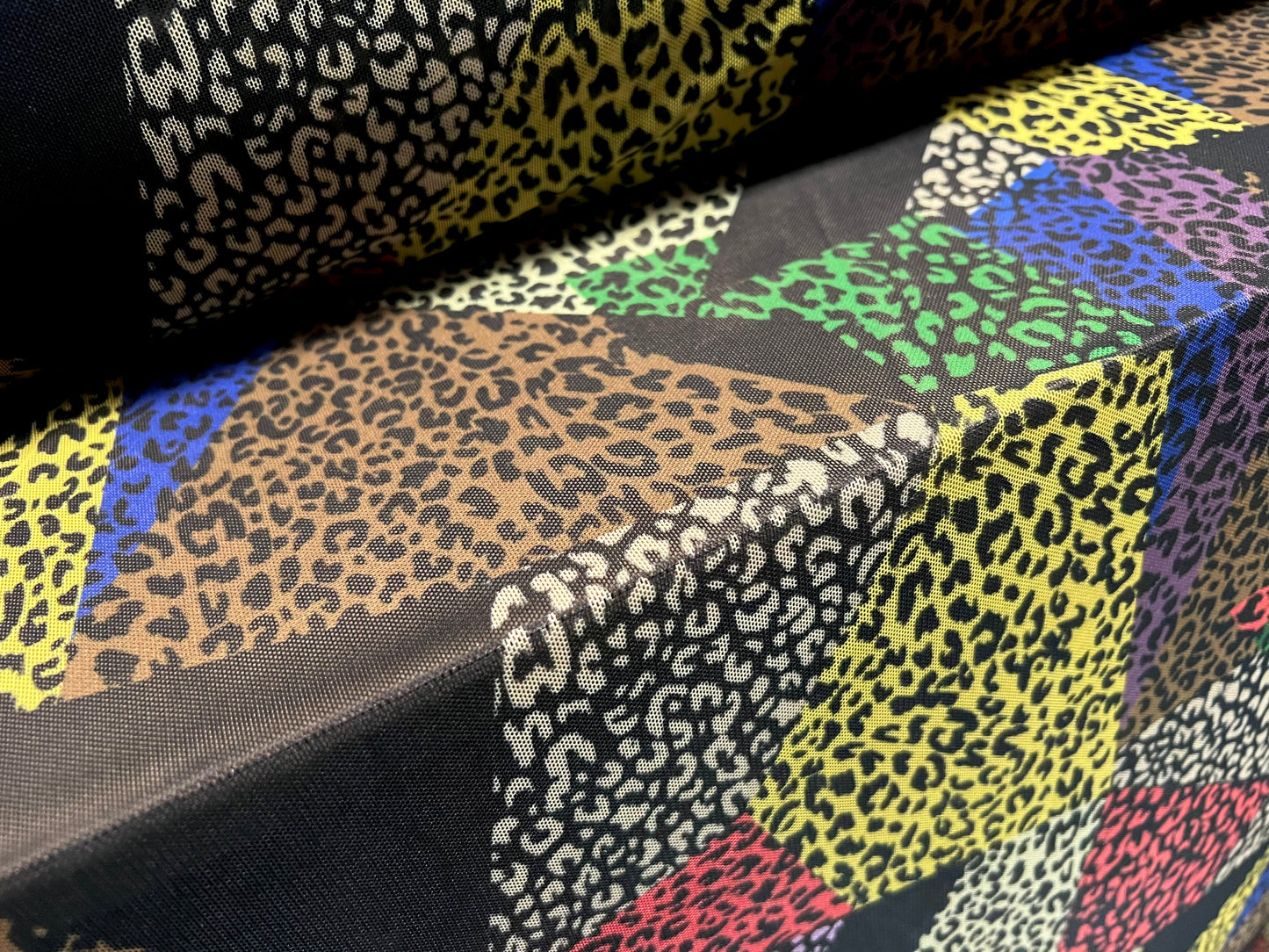 Power mesh net stretch spandex fabric, per metre - cheetah collage animal print - multicolour