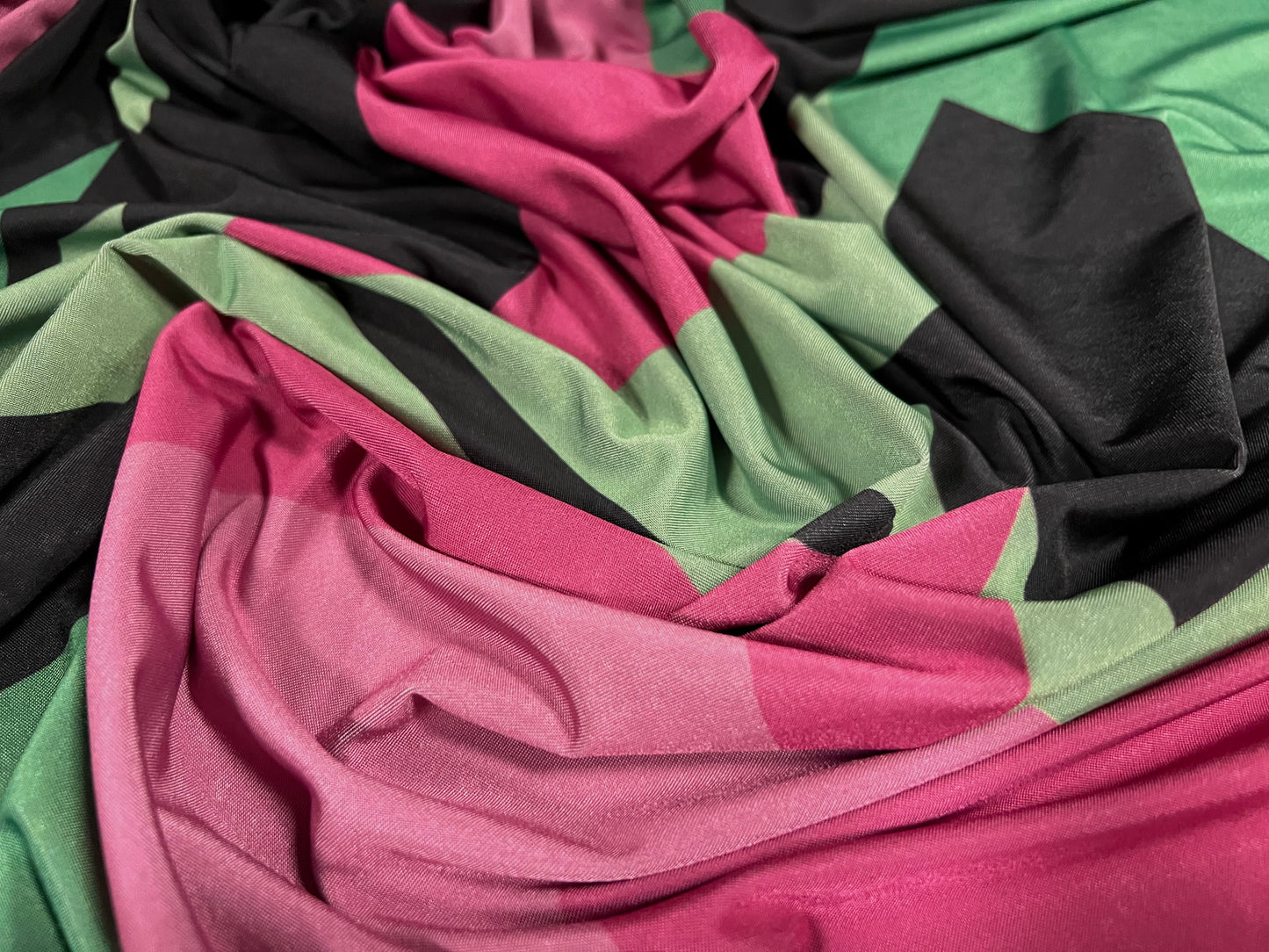 Soft touch stretch spandex jersey fabric, per metre - 80s retro shapes print - hot pink & green