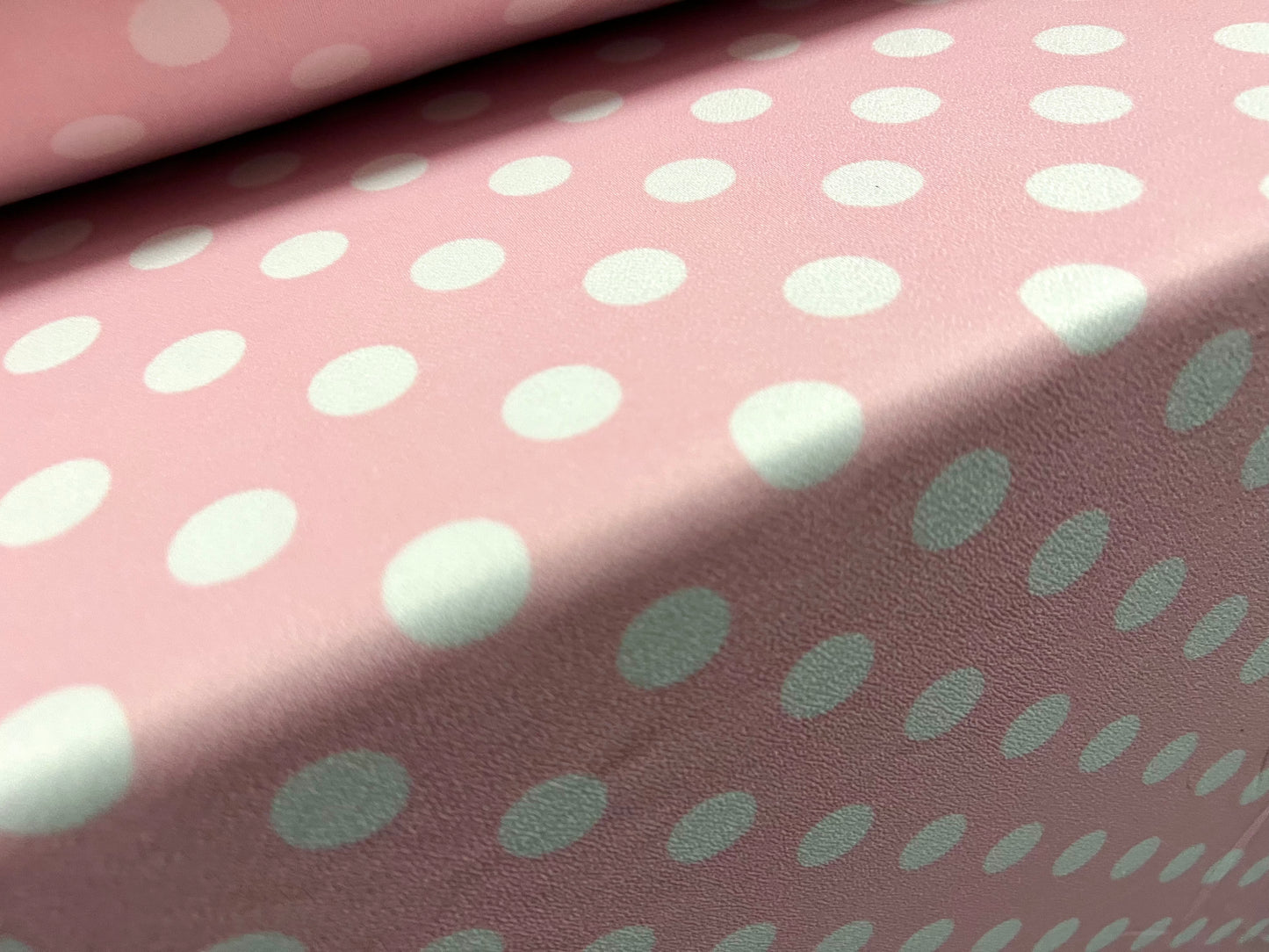 Scuba crepe stretch spandex jersey dress fabric, per metre - polka dot print - baby pink & white