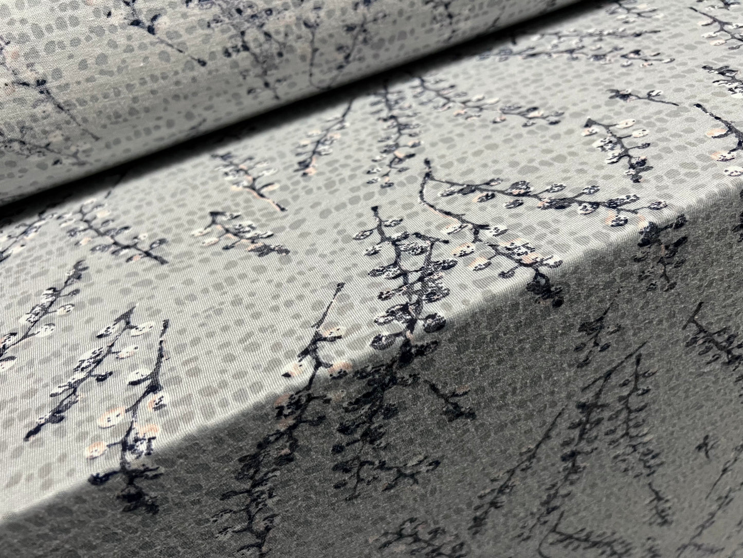 Jennifer lightweight cotton blend single jersey fabric, per metre - pussy willow blossom print - light grey & navy blue