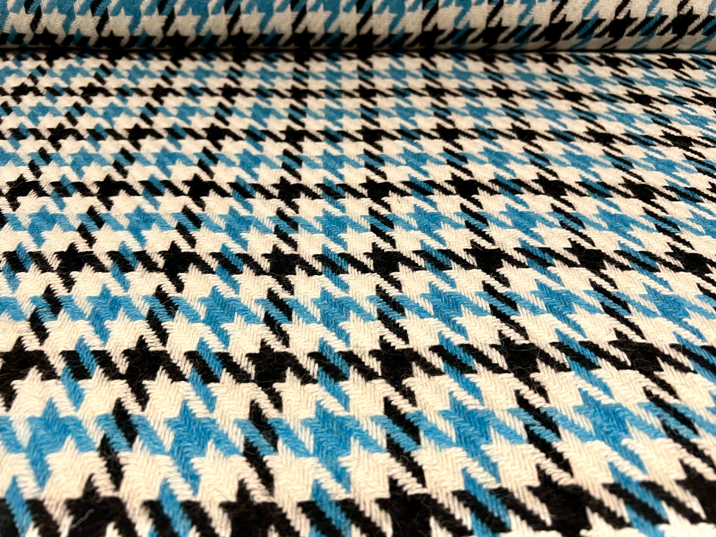 Wool bouclé heavyweight coat jacket fabric, per metre - houndstooth jacquard - turquoise black & white