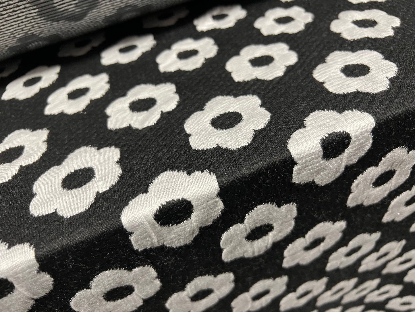 Double jersey spandex knitwear dress fabric, per metre - daisy flower jacquard - black and white