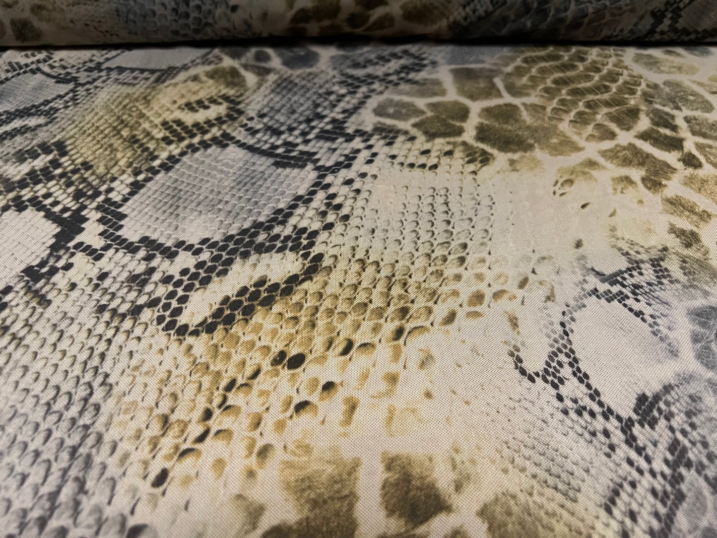 Power mesh net sheer stretch spandex fabric, per metre - distressed snakeskin print - khaki green & charcoal grey