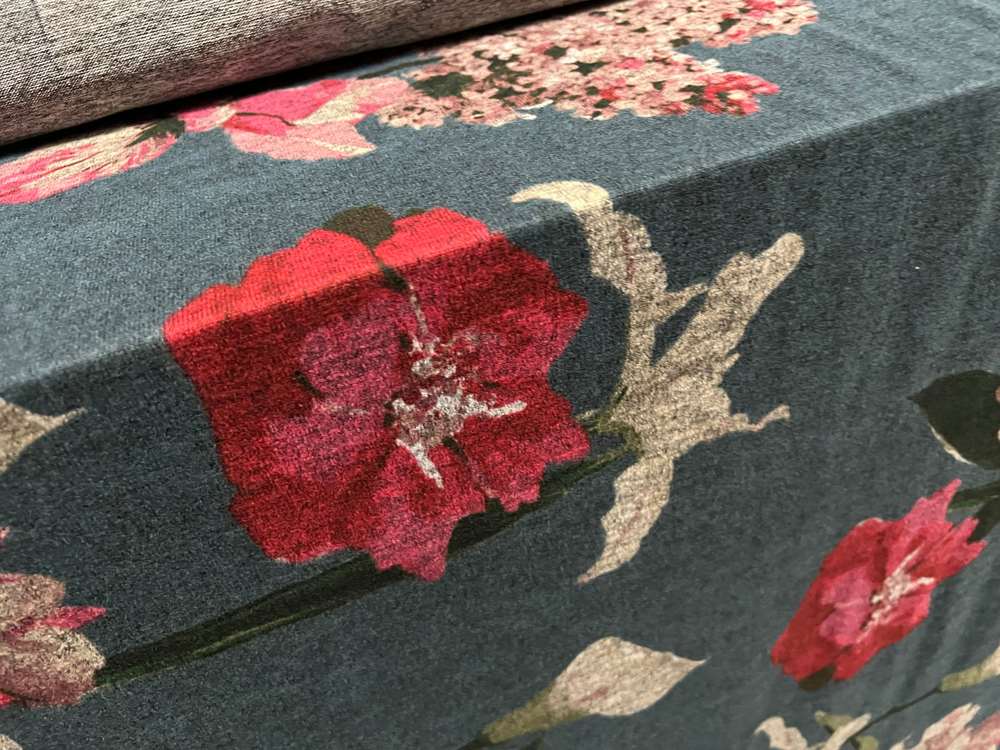 Super soft knitwear jersey fabric, per metre - large flower print - petrol blue & pink