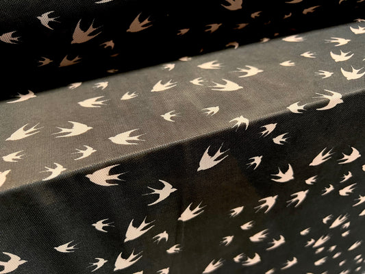 Power mesh net stretch spandex fabric, per metre - birds in flight print - black & nude