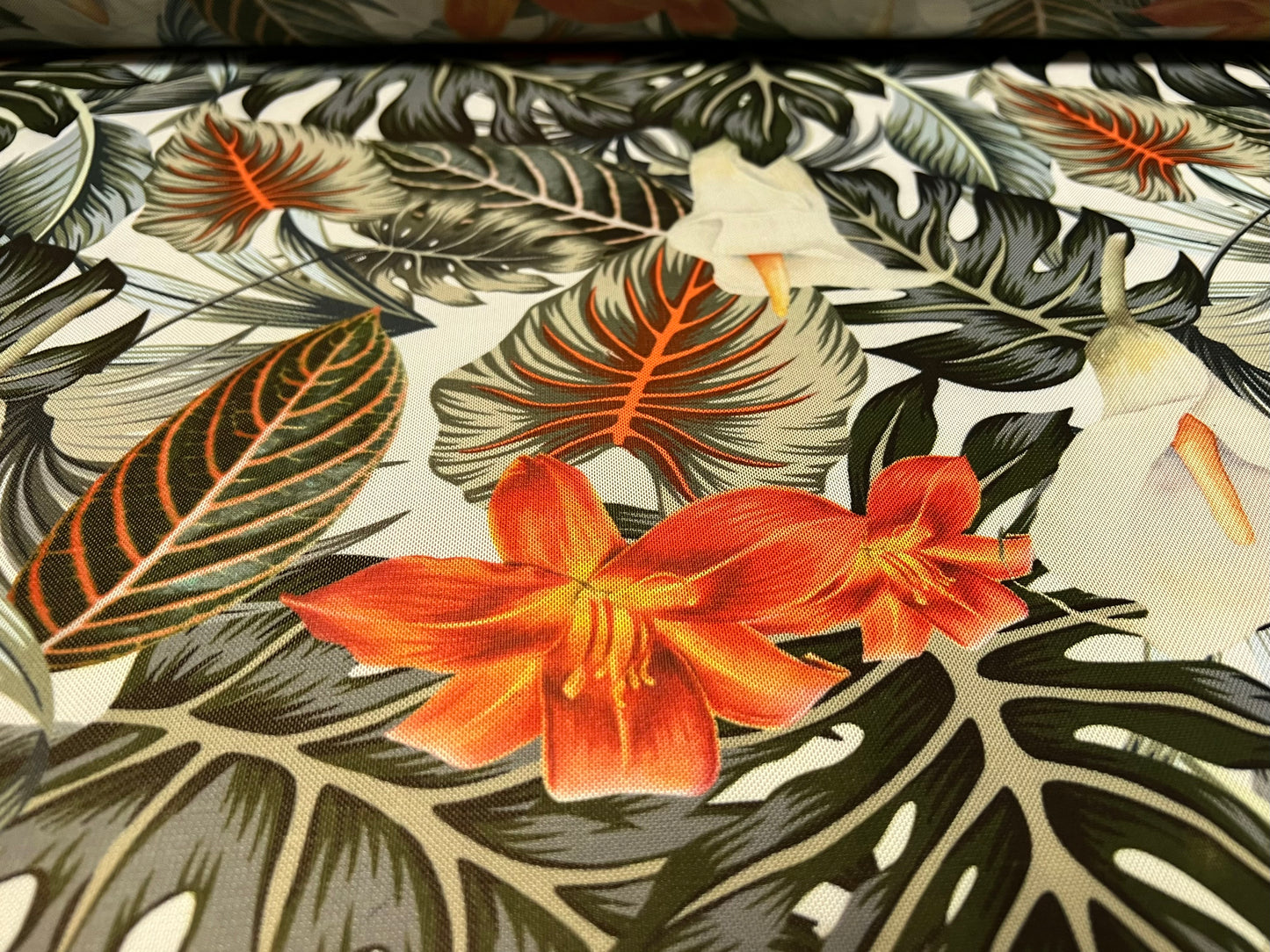 Power mesh net stretch spandex fabric, per metre - tropical jungle flower print - green & orange