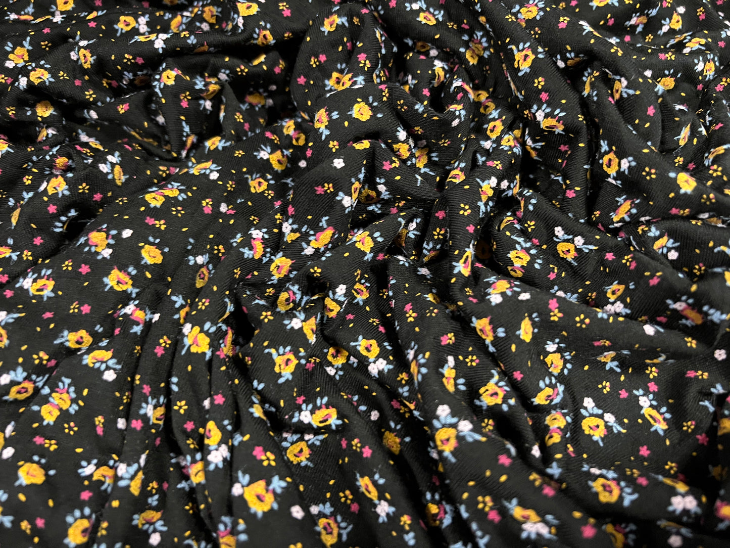 Viscose spandex stretch single jersey fabric, per metre - Ditsy flower print - black & yellow