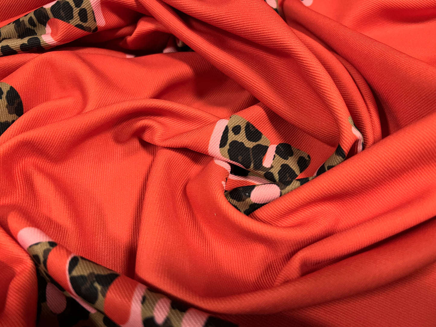 Super Fine Ottoman rib Stretch Spandex Jersey Fabric, per metre - safari leaf print - orange