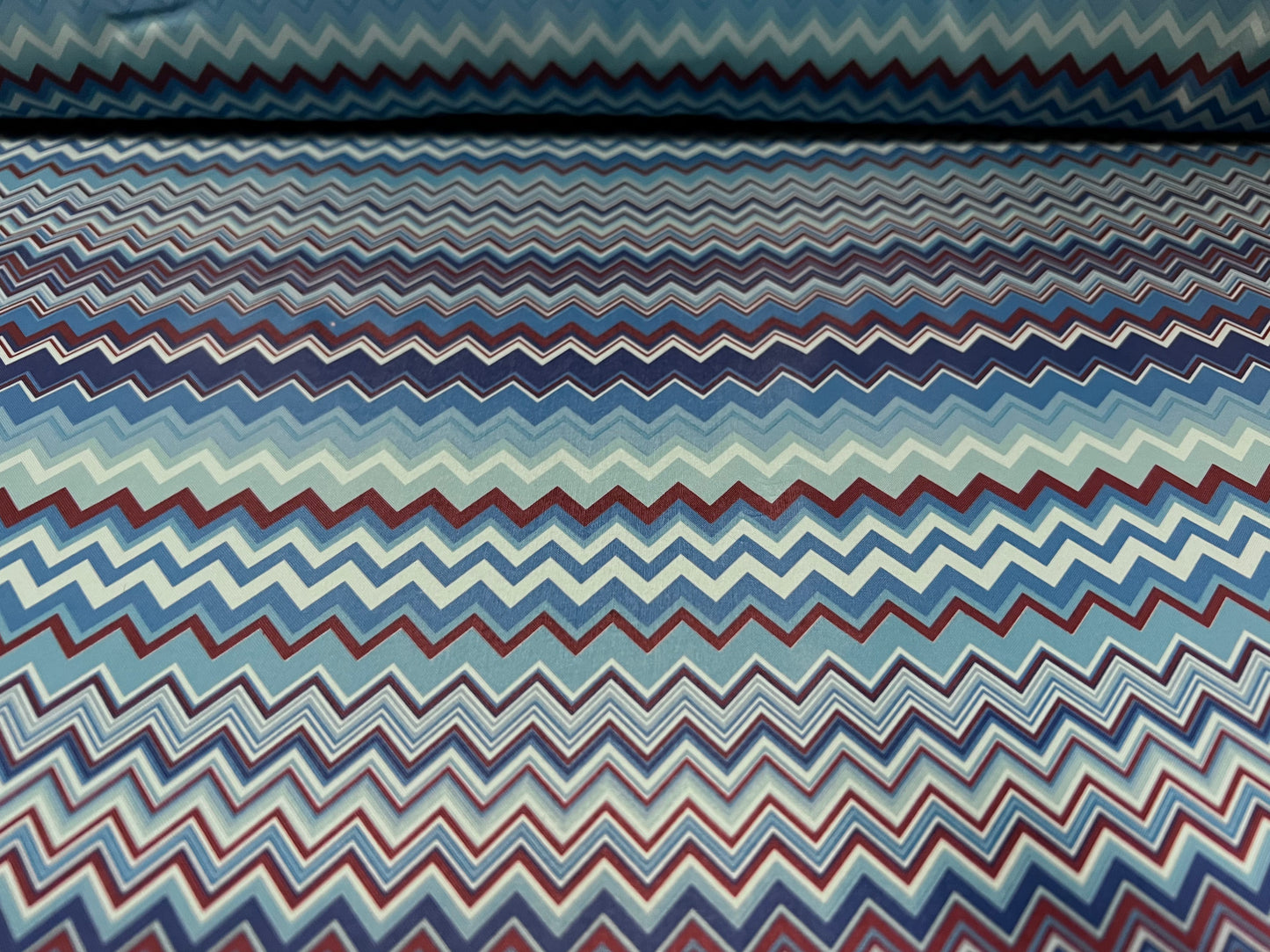 Woven polyester lining fabric, per metre - chevron print - turquoise, blue & wine