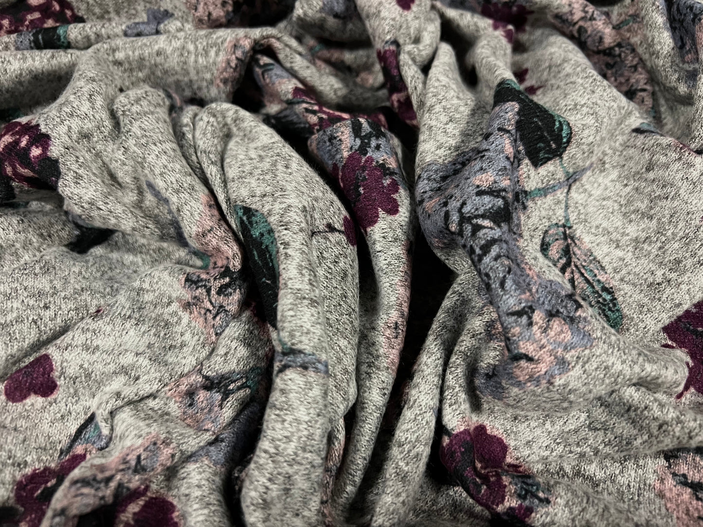 Super soft knitwear jersey fabric, per metre - flower print - grey marl & damson