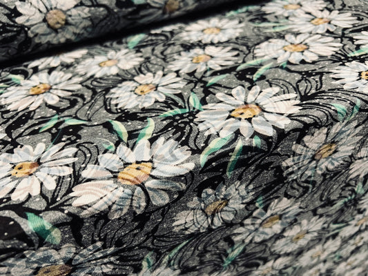 Lady K lightweight burnout single jersey fabric, per metre - daisy flower print - grey & white