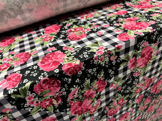 Soft touch stretch spandex single jersey fabric, per metre - gingham floral print - black white & pink