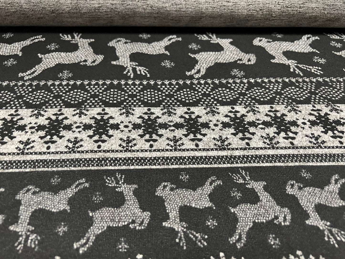 Super soft knitwear jersey fabric, per metre - Christmas Trees & Reindeers print - grey