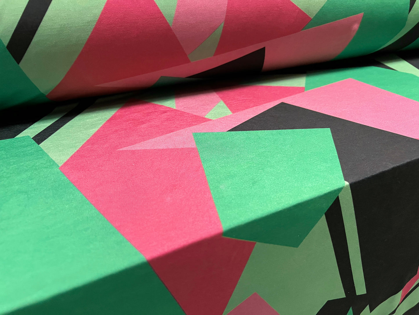 Soft touch stretch spandex jersey fabric, per metre - 80s retro shapes print - hot pink & green